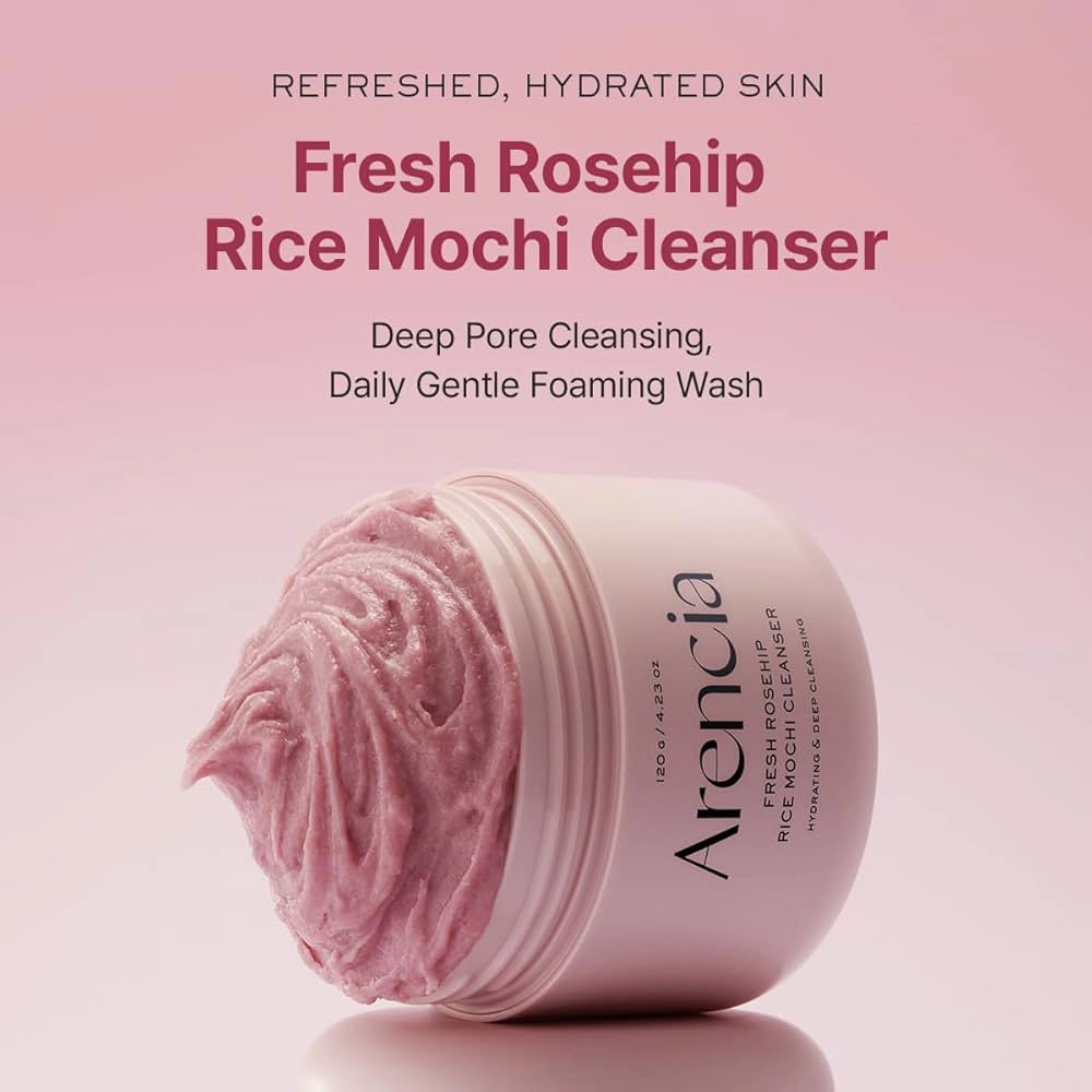 Sejas ādu attīrošs līdzeklis ar mežrozīšu un kumelīšu ekstraktiem Arencia Fresh Rosehip Rice Mochi Cleanser