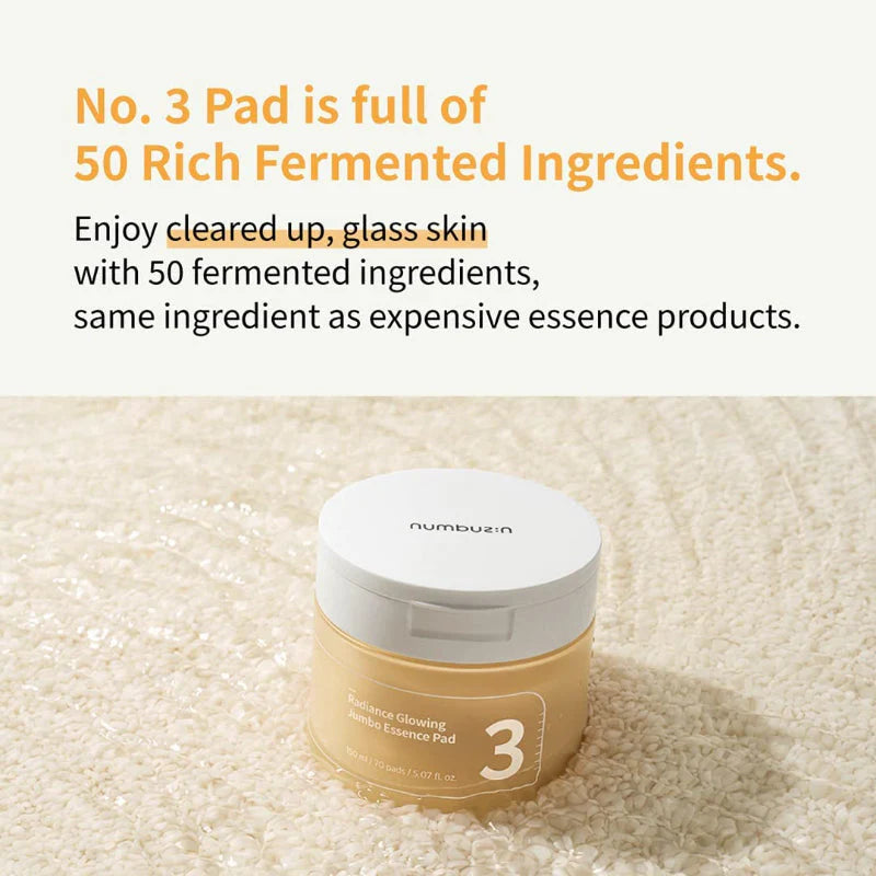 Barojoši tonizējoši spilventiņi mirdzuma piešķiršanai ādai Numbuzin No.3 Radiance Glowing Jumbo Essence Pad