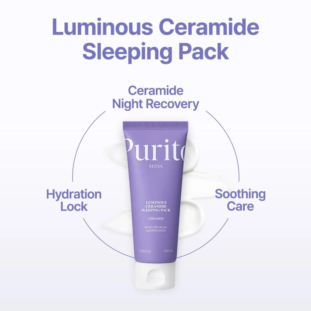 Nomierinoša nakts maska sejai ar Āzijas centellu Purito Luminous Ceramide Sleeping Pack