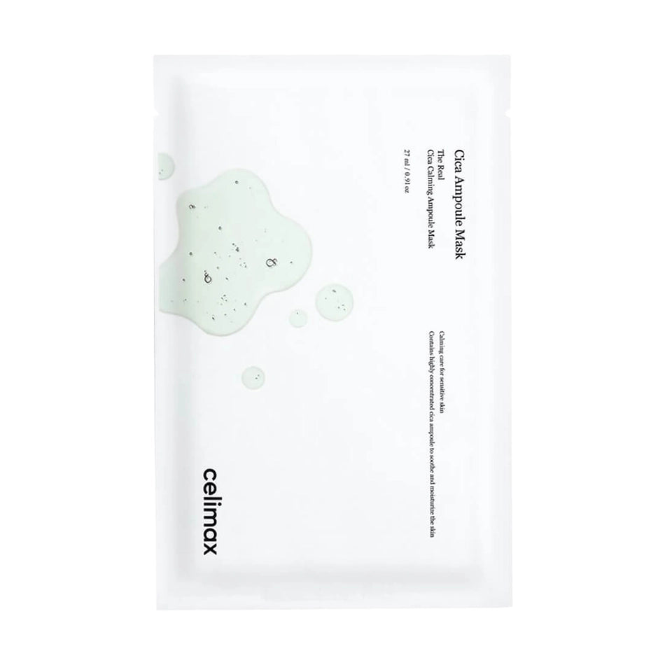 Nomierinoša auduma maska ar sastāvā iekļautu Āzijas centellu Celimax The Real Cica Calming Ampoule Mask